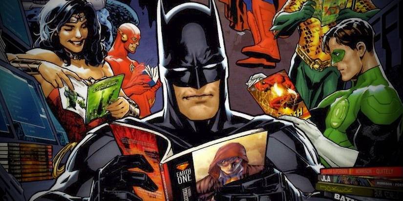 Comic book art: Batman and the Justice League heroes reading DC comics in official DC artwork
