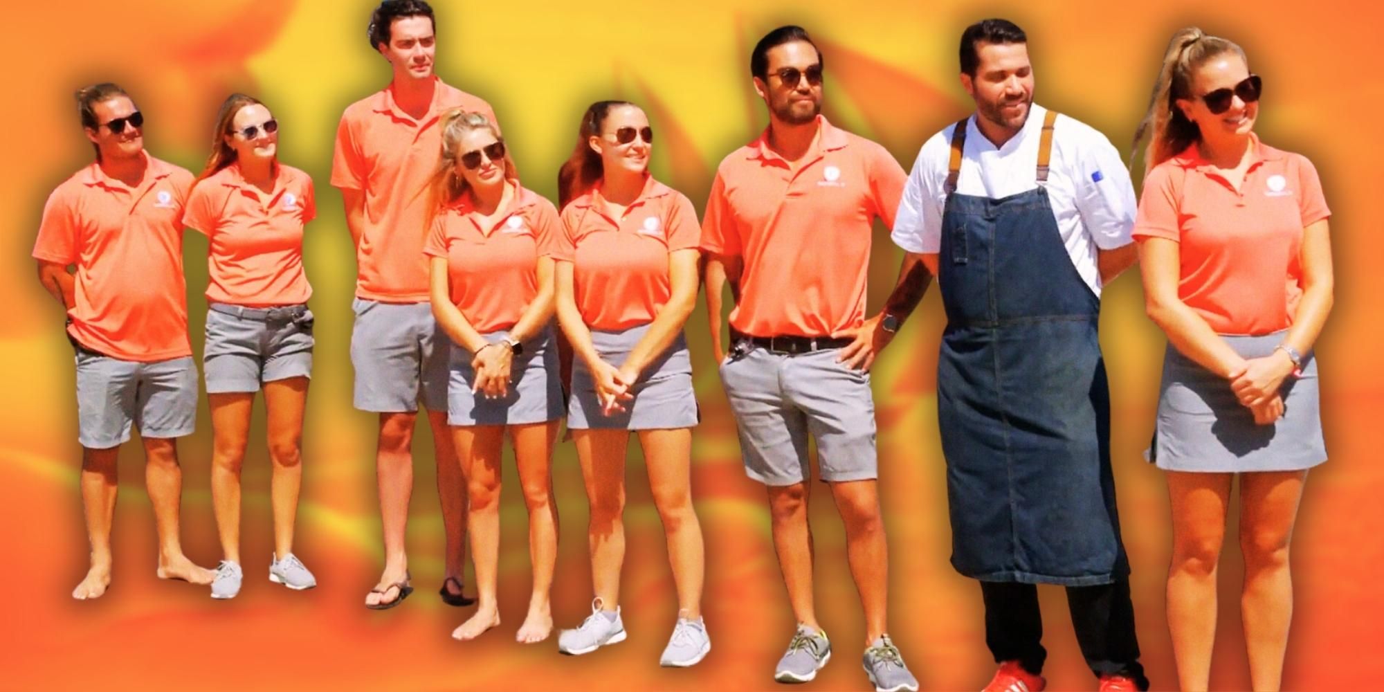 Below Deck Sailing Yacht Season 3 crew against orange background