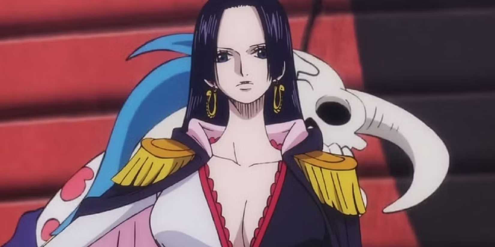 Boa Hancock from One Piece in her signature split black and white dress with her pet snake behind her