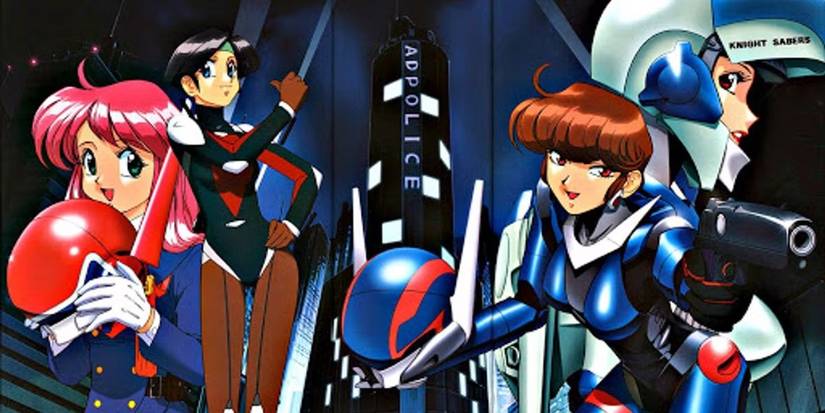 Bubblegum Crisis Key visual featuring the main cast standing in front of the Adpolice building.