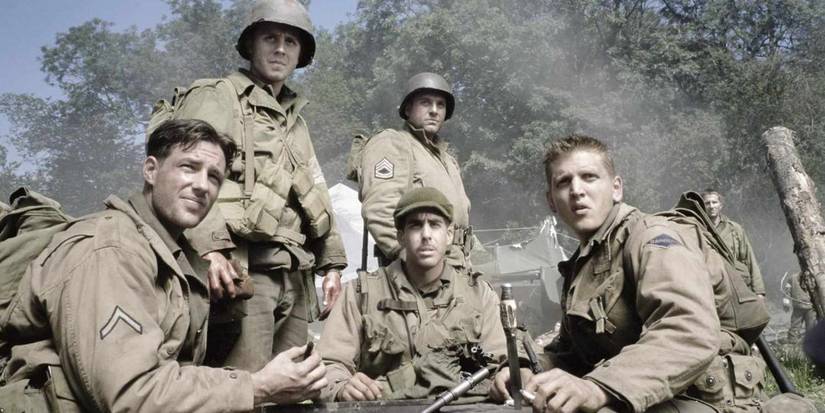 Ed Burns, Giovanni Ribisi, Tom Sizemore, Adam Goldberg, and Barry Pepper in Saving Private Ryan