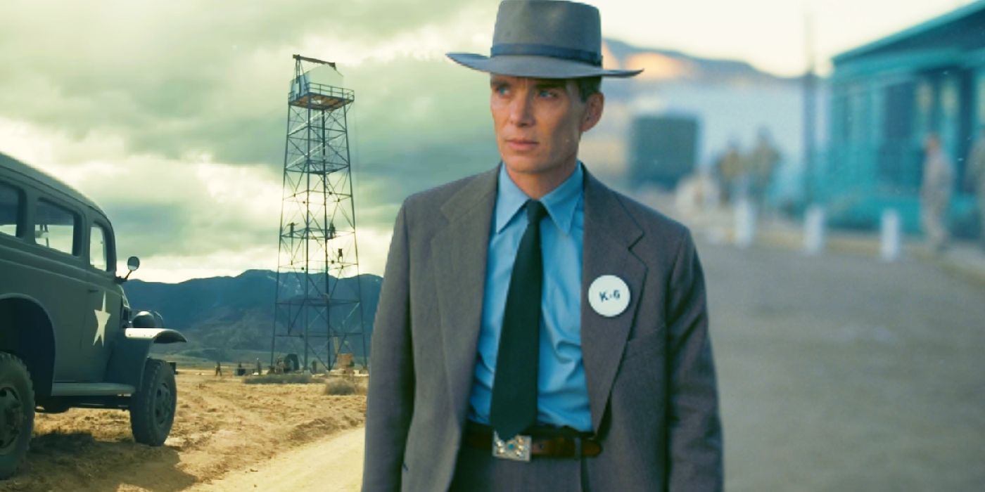 Custom image of Cillian Murphy as Oppenheimer juxtaposed with the bomb tower at the Trinity test site.