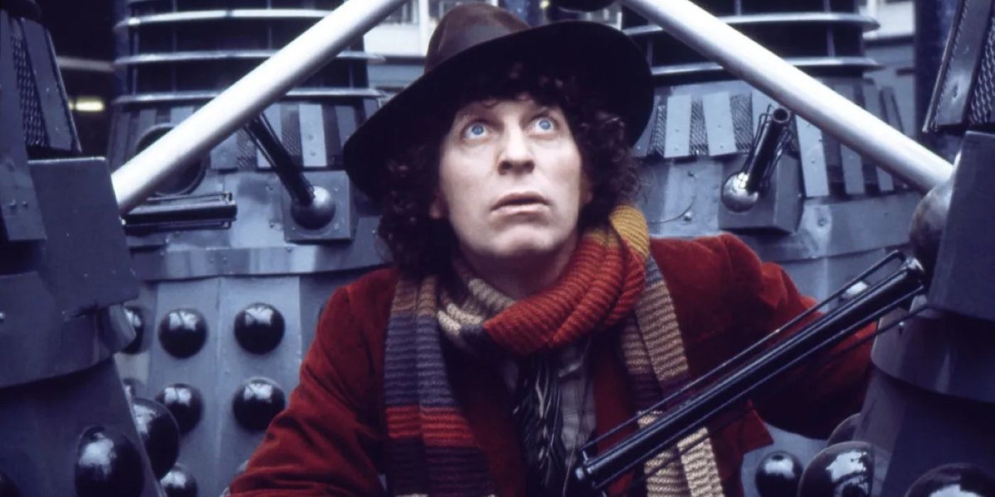 The Fourth Doctor (Tom Baker) surrounded by Daleks in Doctor Who