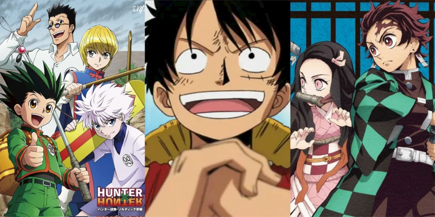 A three-image collage. On the left, the main characters of Hunter X Hunter pose happily. In the middle, Monkey D. Luffy grins and cracks his knuckles in One Piece. On the right, Tanjirou and Nezuko Kamado brace themselves to attack in Demon Slayer.