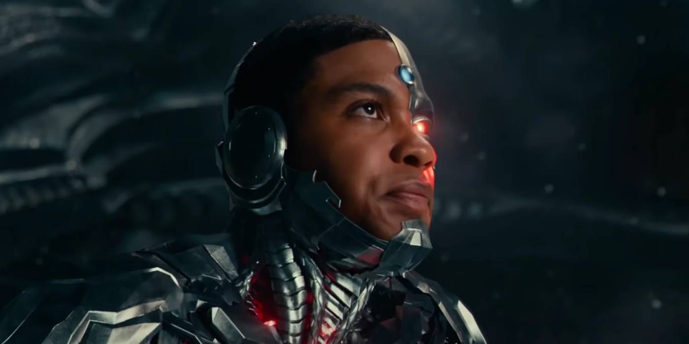 A profile shot of Cyborg looking upward in Justice League (2017)