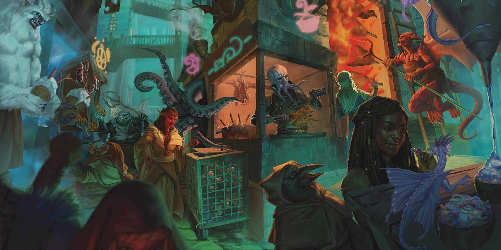5 Best D&D Settings Of All Time 1 Art of the Planescape setting for D&D 5e by Vicki Pangestu, featuring a diverse set of characters including humans, elves, dwarves, tieflings, kenku enjoying a bustling city market.
