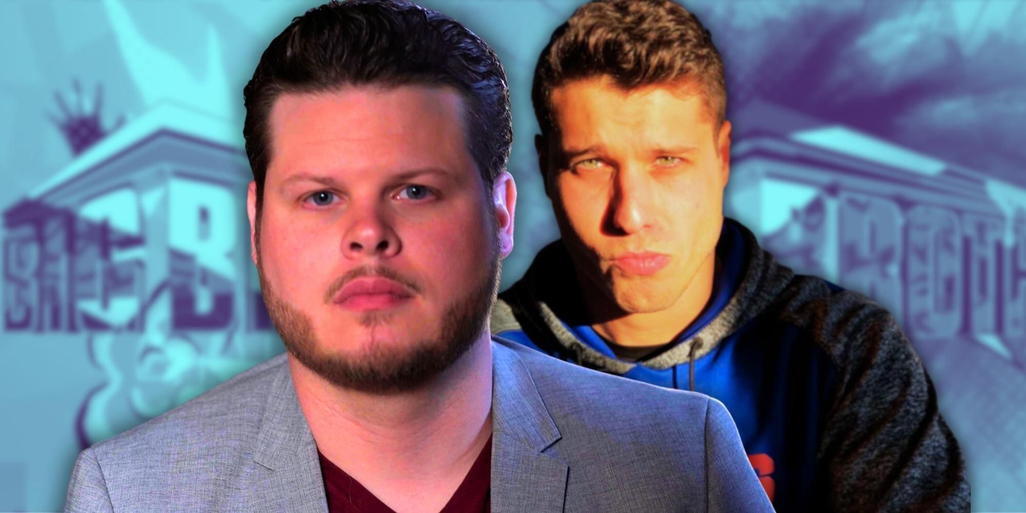 Big Brother alums Derrick Levasseur & Cody Calafiore with serious expressions