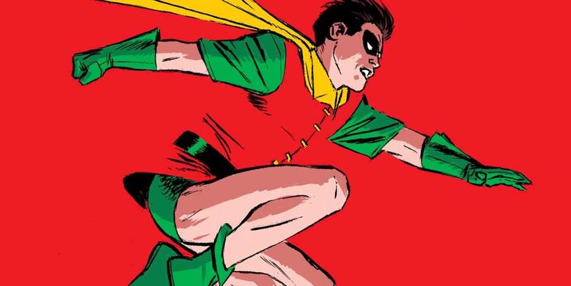 Dick Grayson as Robin leaping into action in front of a red backdrop.