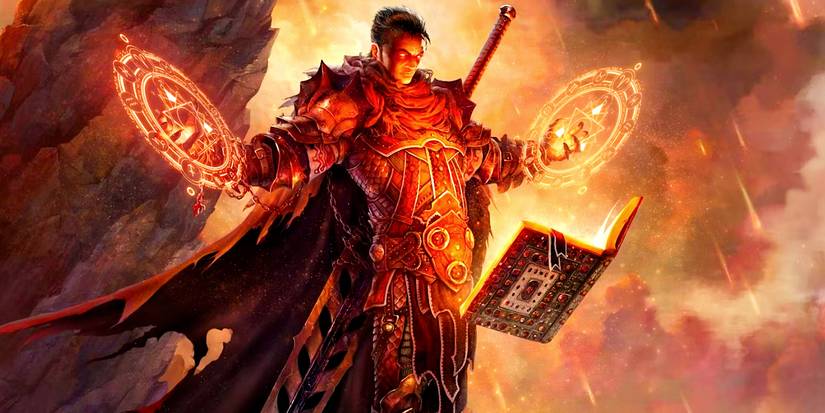 Artwork of a Dungeons & Dragons spellcaster, floating with a spell book levitating in front of them. Both hands are outstretched and surrounded by bright red rings of magic.