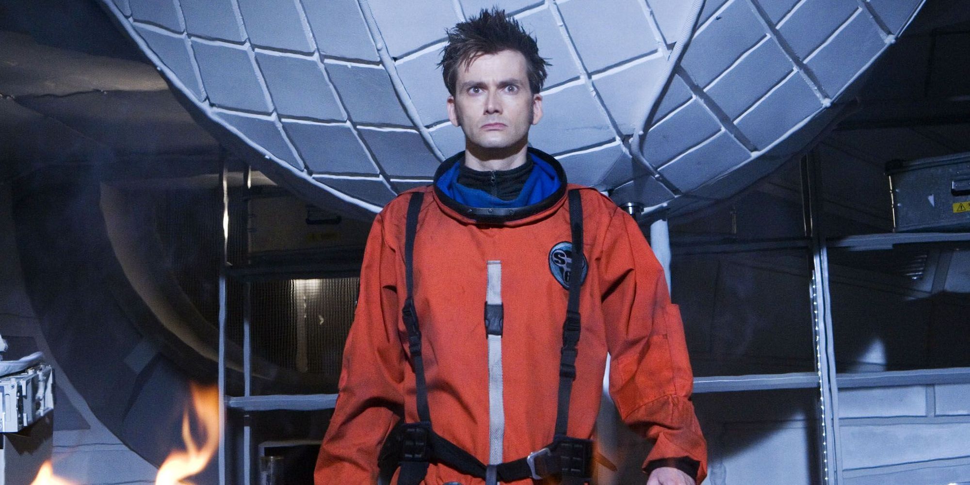 David Tennant as the Tenth Doctor wearing a spacesuit on Bowie Base One in the Doctor Who episode The Waters of Mars.