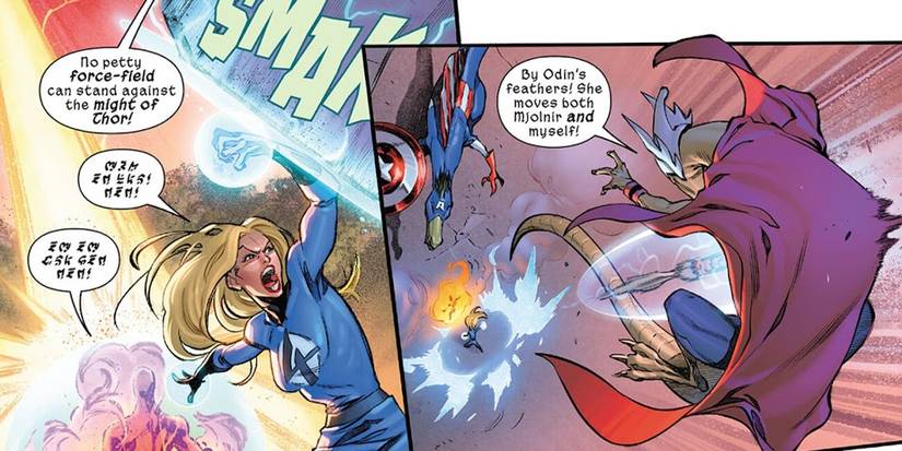 Comic book panels: Invisible Woman Sue Storm fights a dinosaur version of Thor.