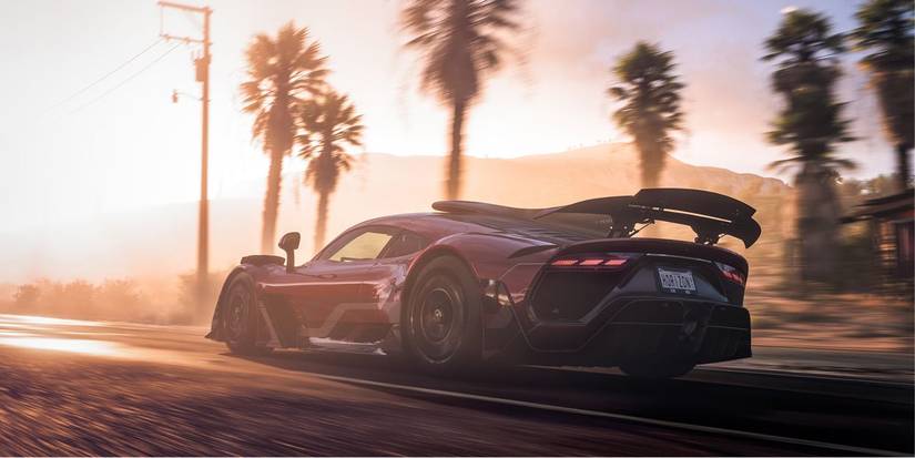 Forza Horizon 5 racer driving into a sunset with palm trees behind them