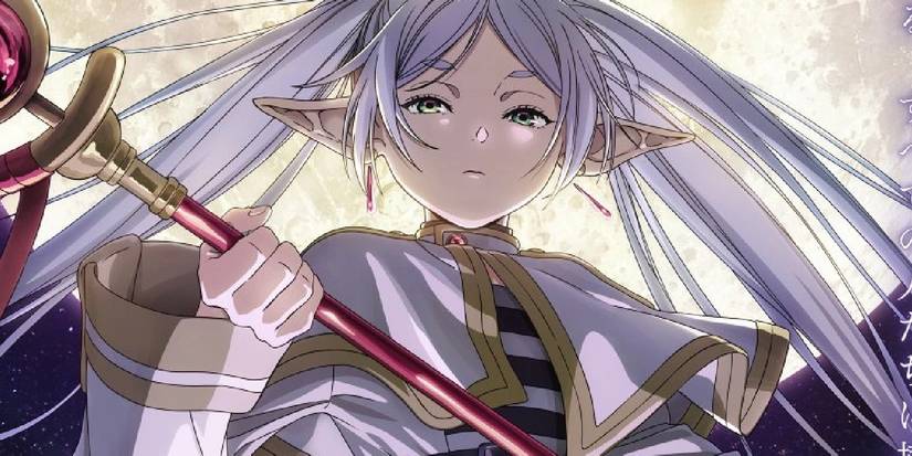 Frieren в официальном ключевом визуальном арте для Frieren: Beyond Journey's End, держащая свой посох перед луной.