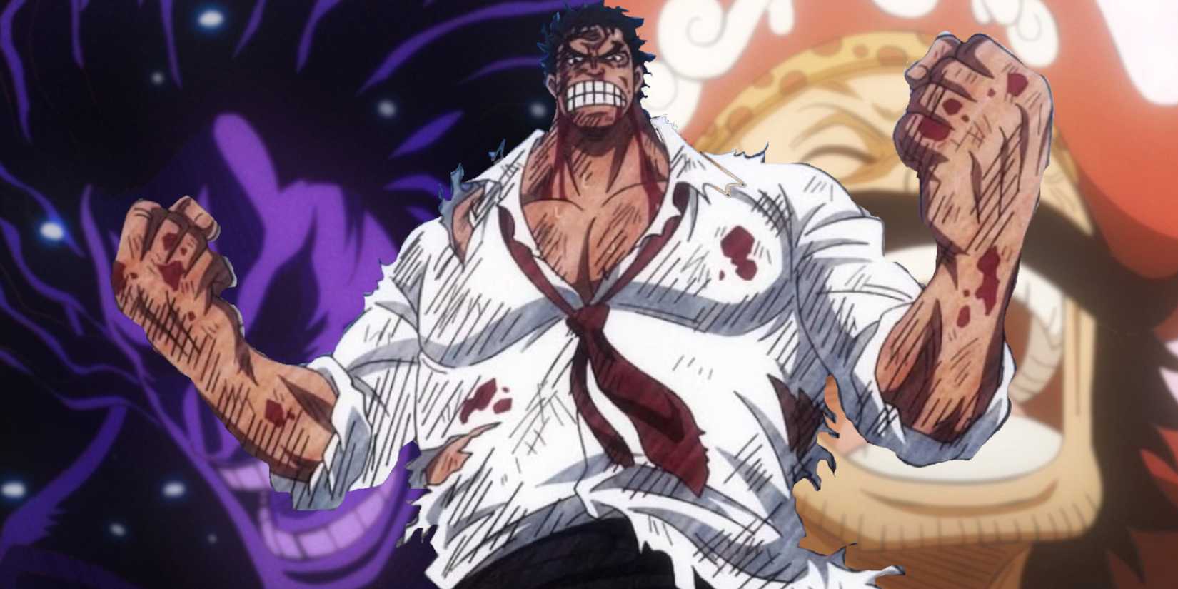 A imagem dos personagens de One Piece do incidente de God Valley apresenta Rocks D. Xebec, Garp e Gol D. Roger. Um jovem Garp está com os punhos ensanguentados cerrados enquanto Roger e Rocks riem ao fundo.