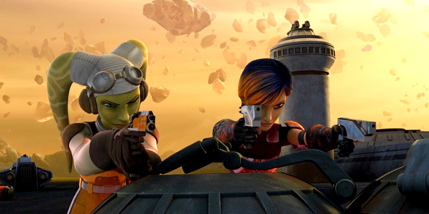 Hera Syndulla and Sabine Wren with blasters in Star Wars Rebels season 1, episode 7 Out of Darkness