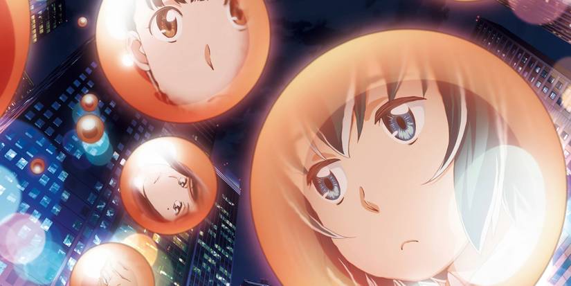 Hinamatsuri poster showing floating orbs wit the characters' faces, featuring Hina