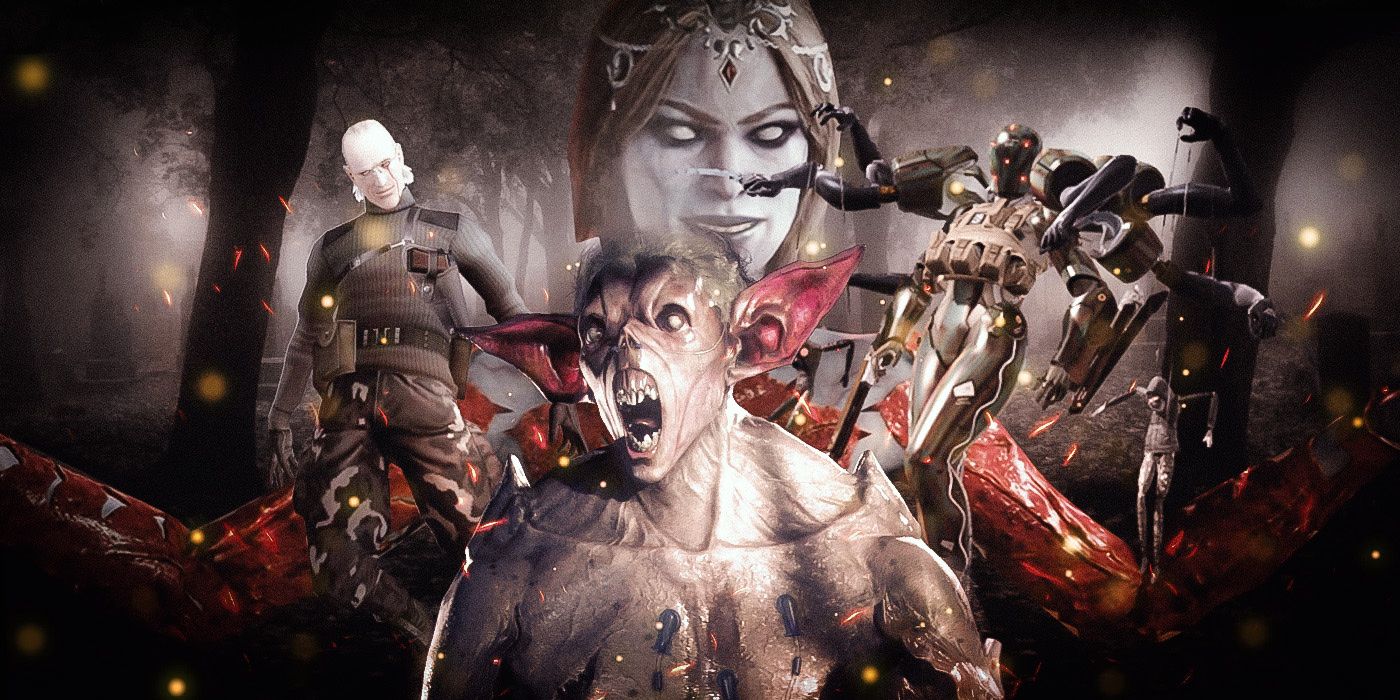 Man-Bat с открытым ртом, за ним Орин Красный и страшный андроид в лесу.