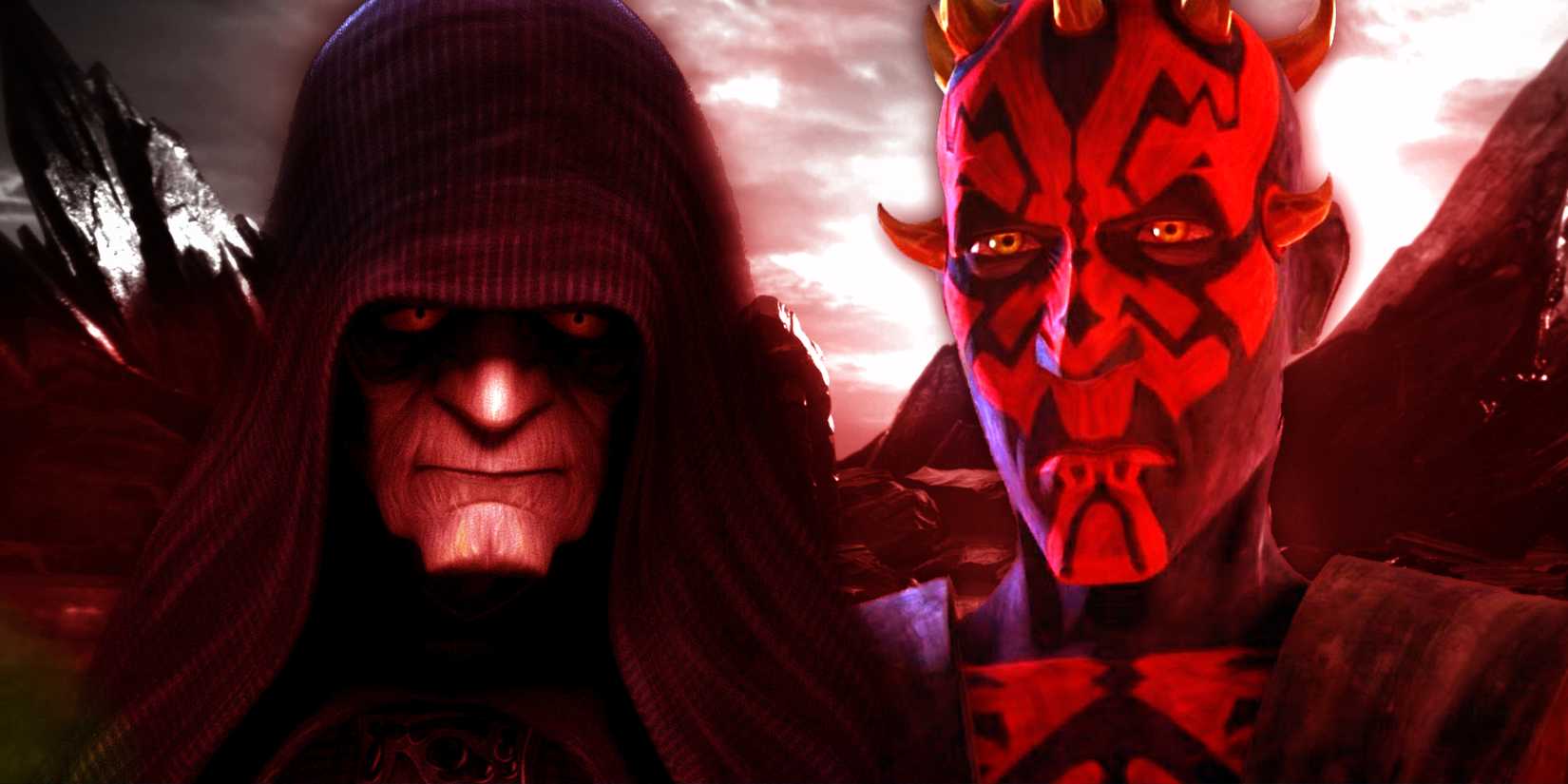 Animated Palpatine and Darth Maul in the foreground; live-action Mandalore in the background