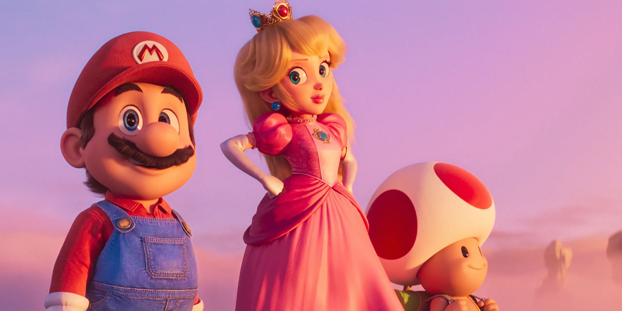 Mario and Toad looking off, while Princess Peach looks at Mario in The Super Mario Bros. Movie.