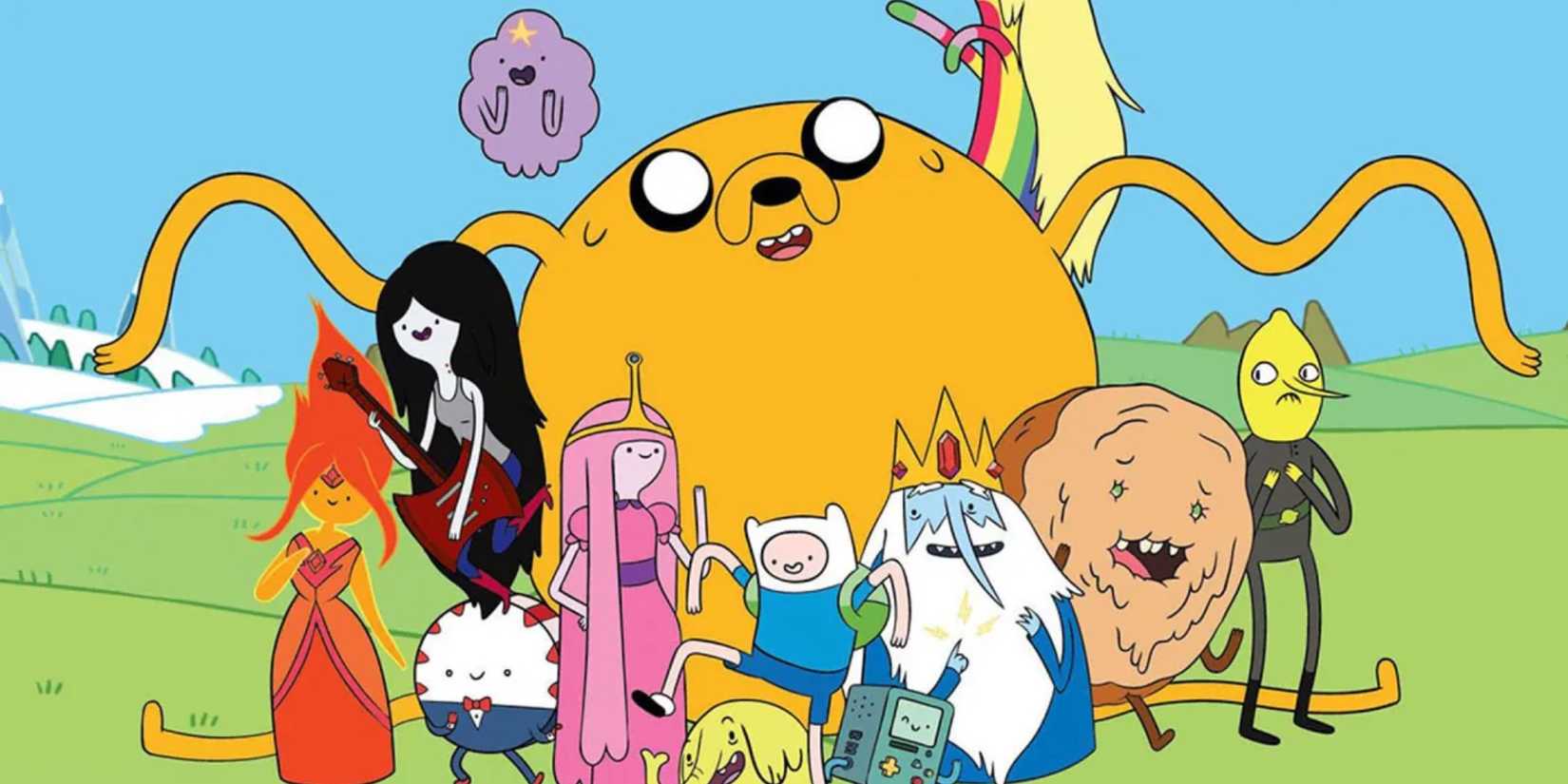 Jake and Finn with the ensemble cast of Adventure Time.
