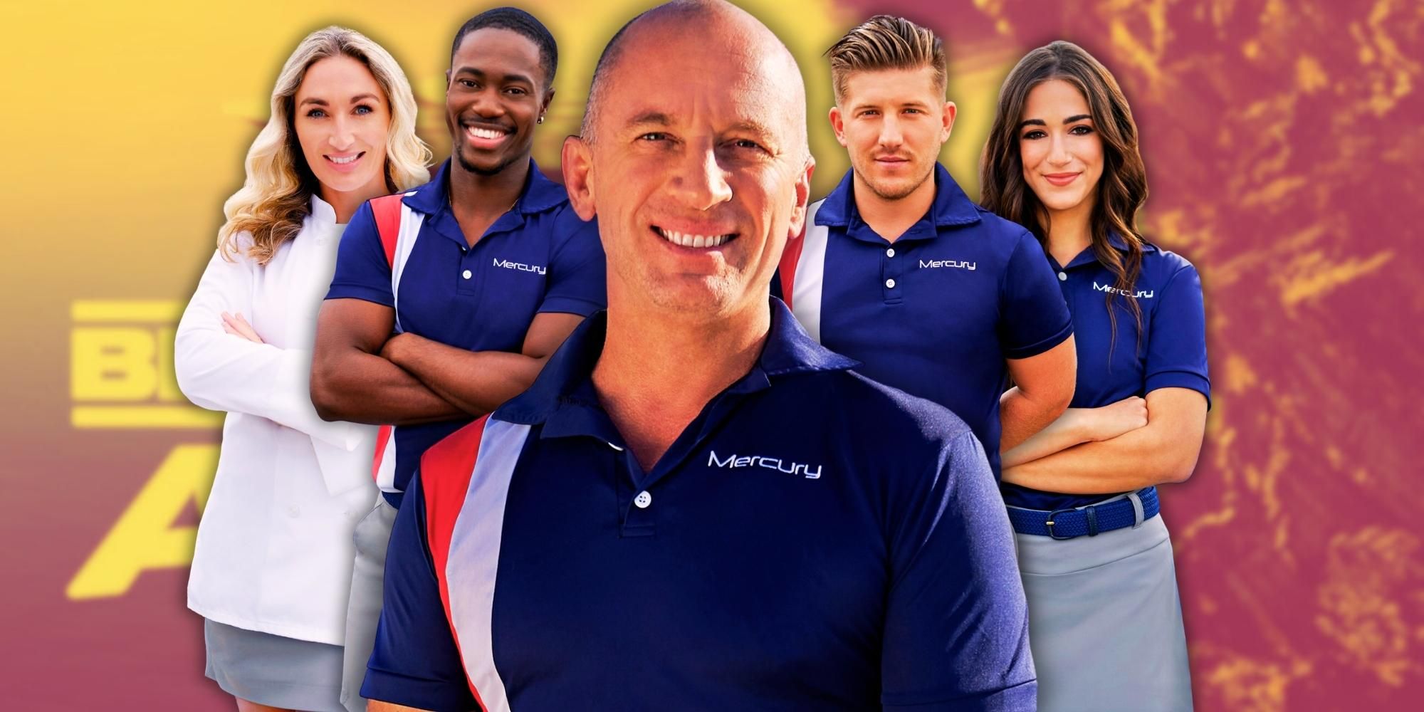 Below Deck Adventure Captain Kerry and crew behind him in promo shot