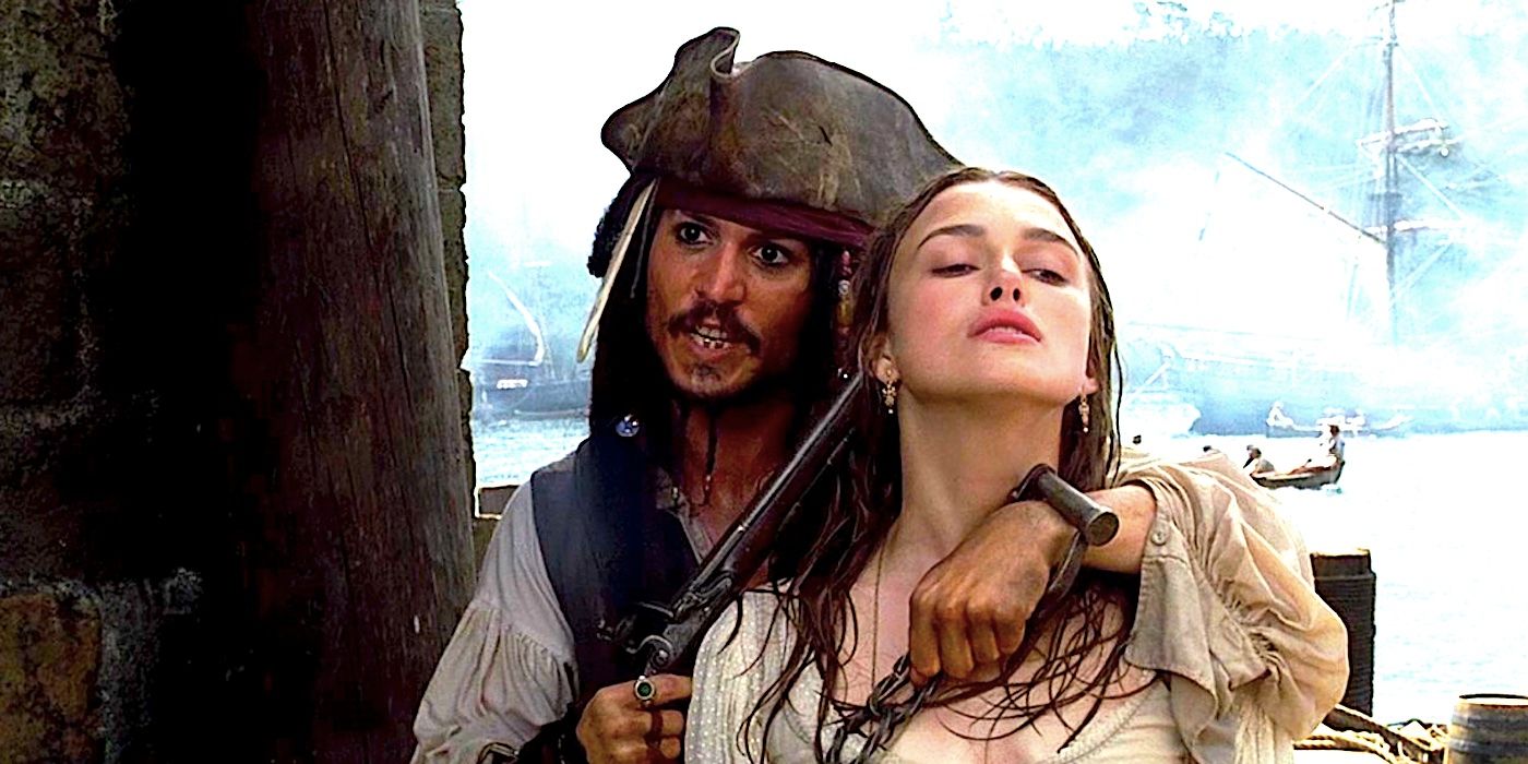 Jack Sparrow holds a gun to Elizabeth's head in The Curse of the Black Pearl