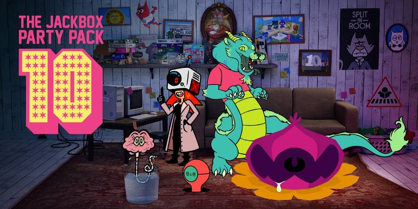 Jackbox Party Pack 10 Key Art showing the title and characters from each game - a detached brain, time traveler, dragon, carnivorous plant, and tiny robot - in a living room.