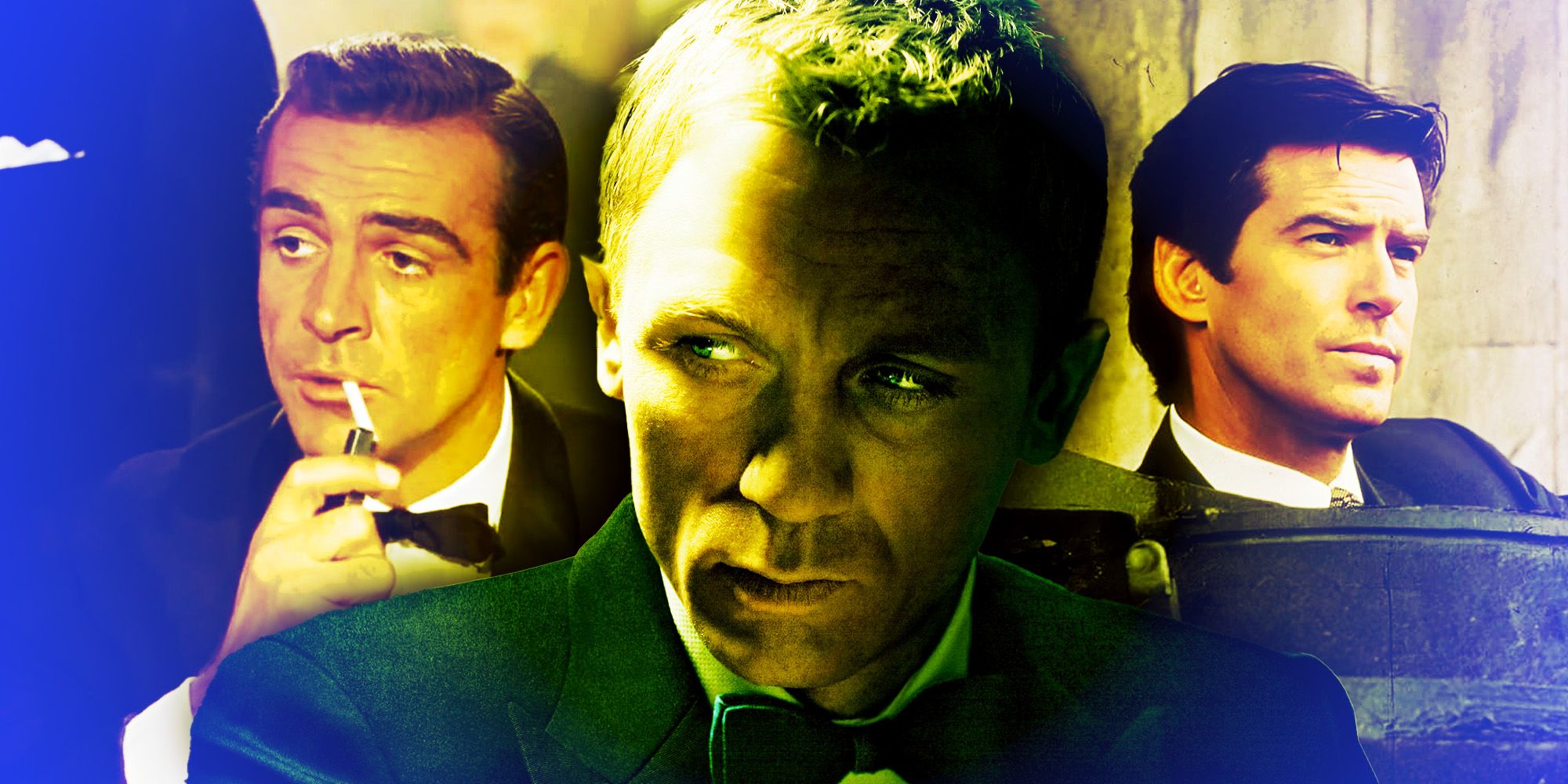 A composite image of Sean Connery, Daniel Craig, and Pierce Brosnan playing James Bond