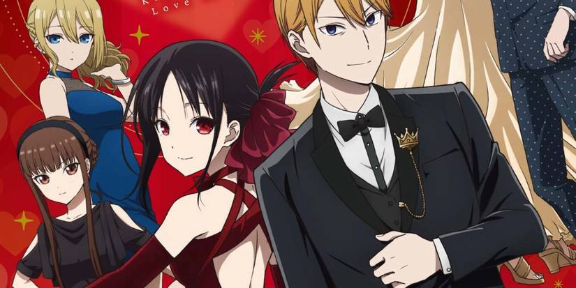 Kaguya and Miyuki dress up nice and smile next to several other characters from the series.