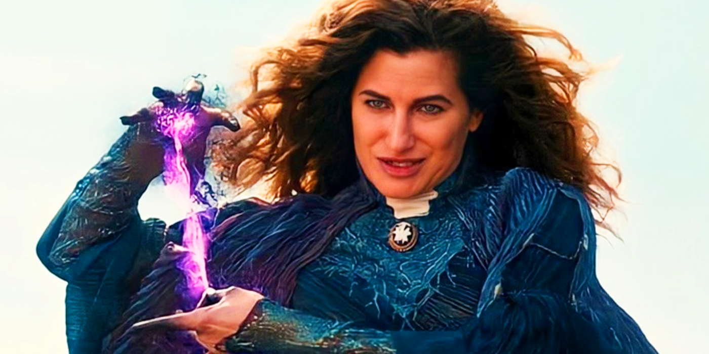 Kathryn Hahn using purple energy as Agatha Harkness in WandaVision