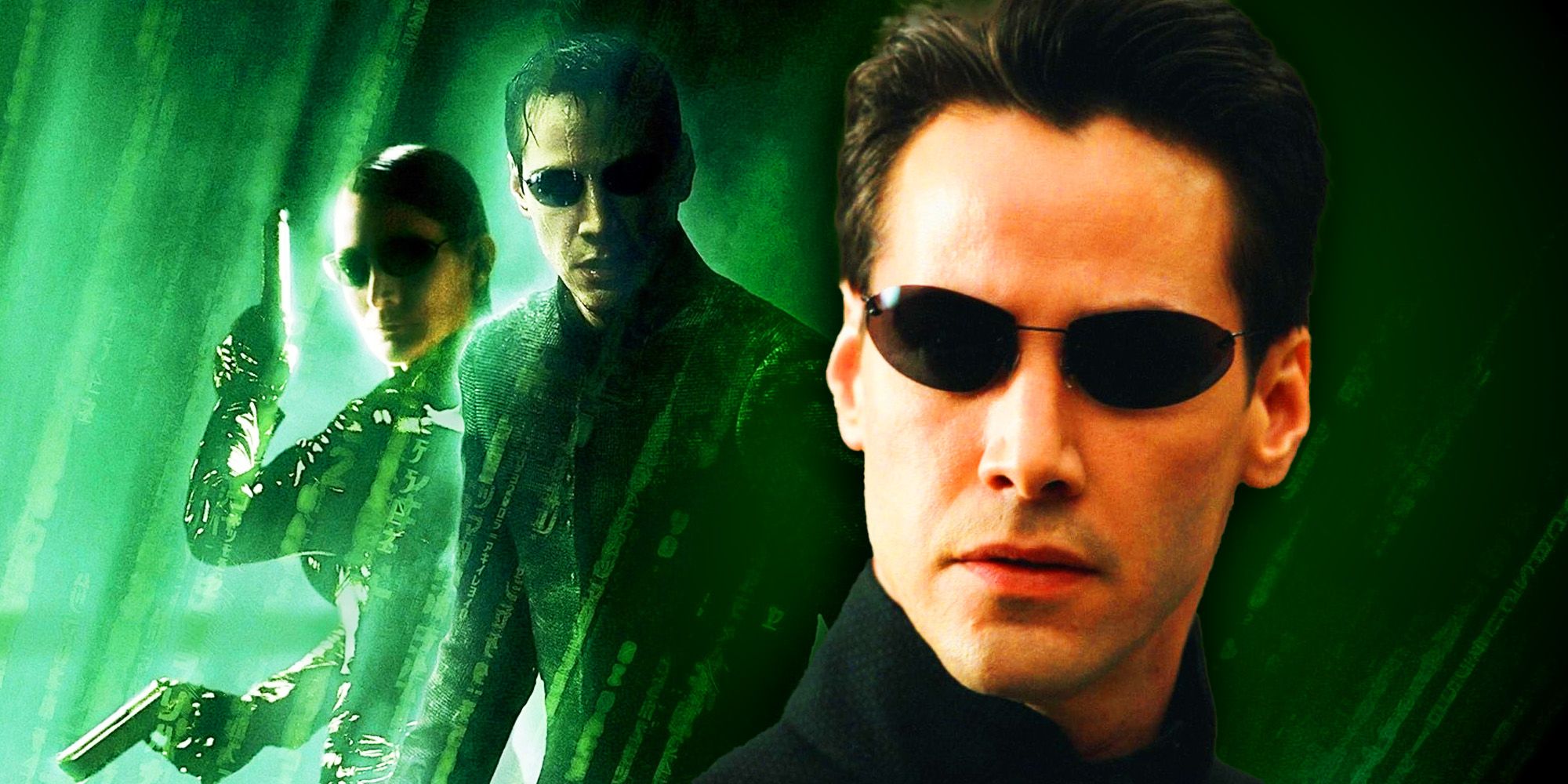 Keanu Reeves as Neo and Carrie Anne Moss as Trinity in Matrix