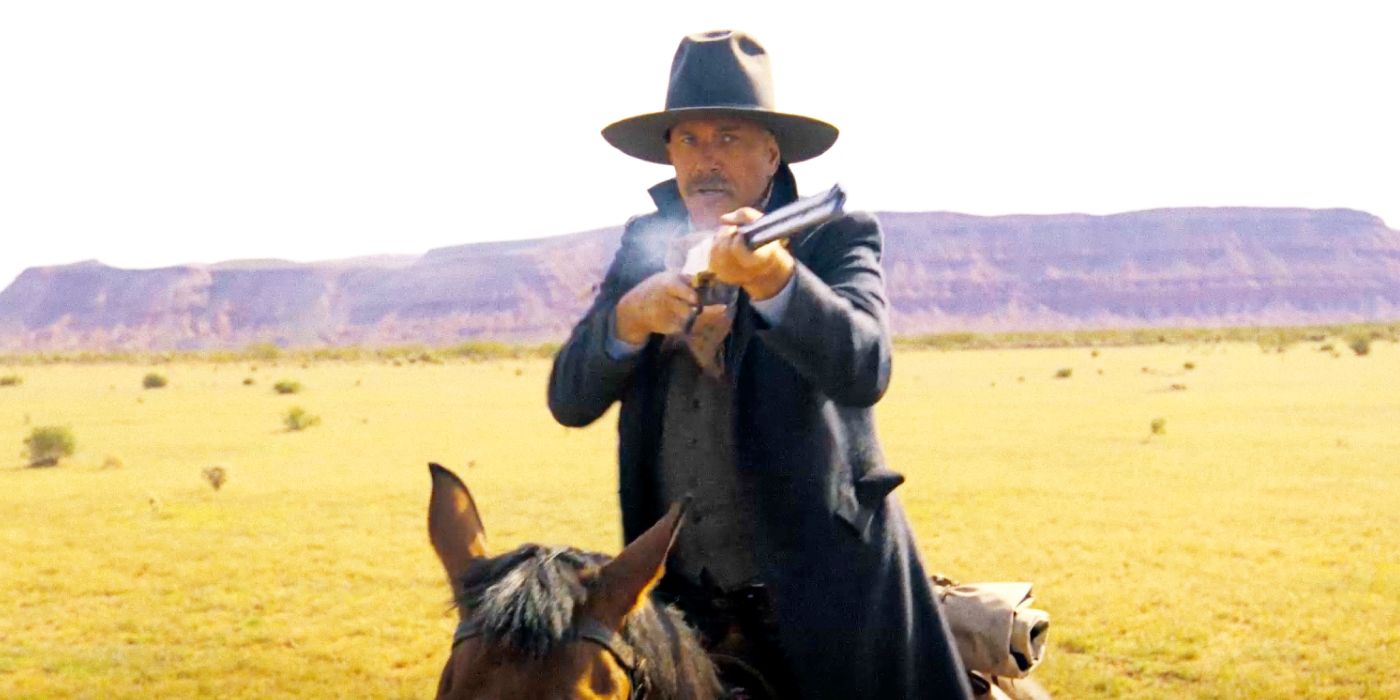 Kevin Costner in Horizon: An American Saga shooting a rifle on a horse