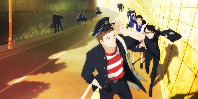 Kids on the Slope's main cast all in a line chasing after one character who is smiling and looking back.