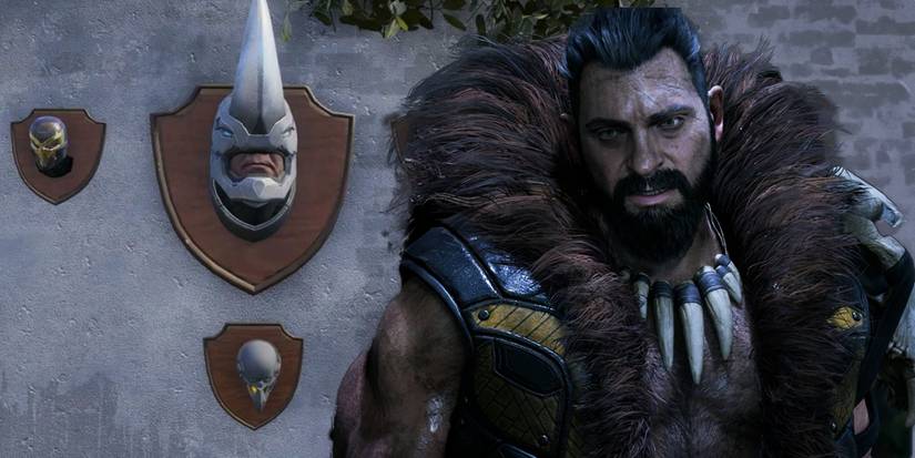 Kraven from Marvel's Spider-Man 2, with a glitch revealing Rhino's head mounted on a wall