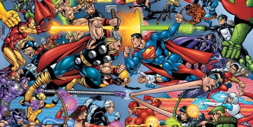 Arte de quadrinhos: A Liga da Justiça e os Vingadores se atacam com Thor e Superman no centro.