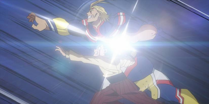  All Might and Midoriya's joint smash as they jump together and look determined.