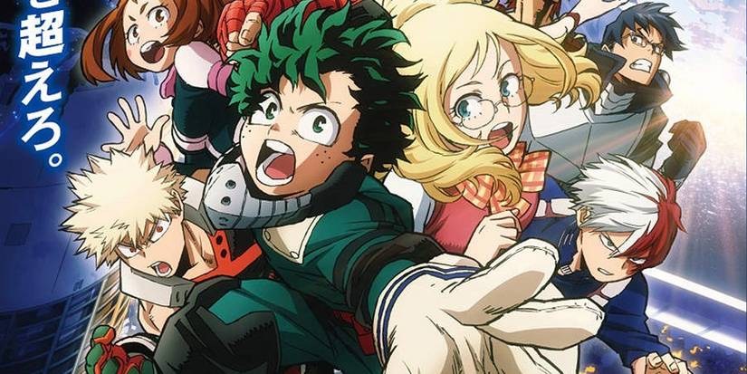 My Hero Academia's Deku reaches his hand out and yells alongside other characters from the movie.