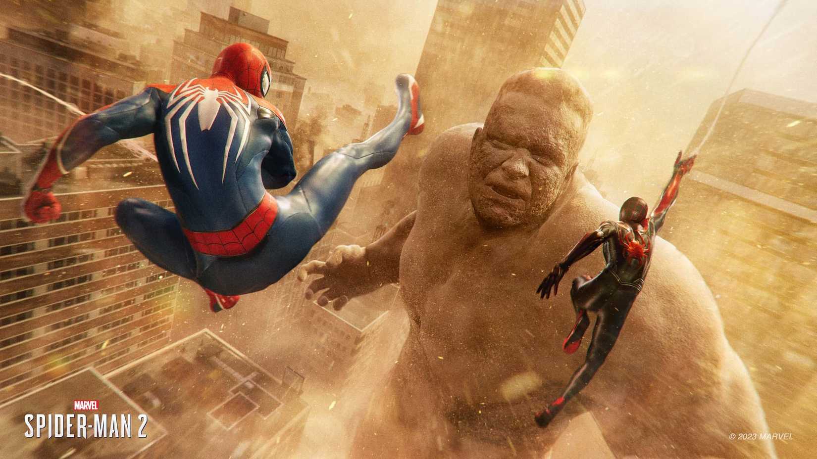 Peter Parker's Spider-Man and Miles Morales' Spider-Man fight Flint Marko the Sandman.