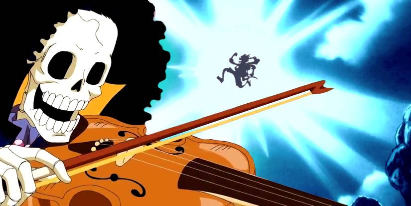 One Piece Brook jouant du violon contre la silhouette de Gear Five Luffy contre la lune