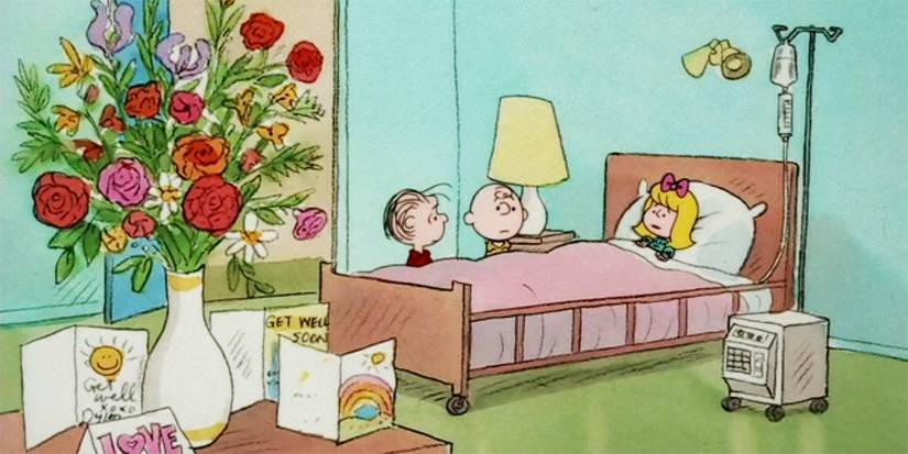Peanuts' Linus and Charlie Brown visiting Janice in the hospital.
