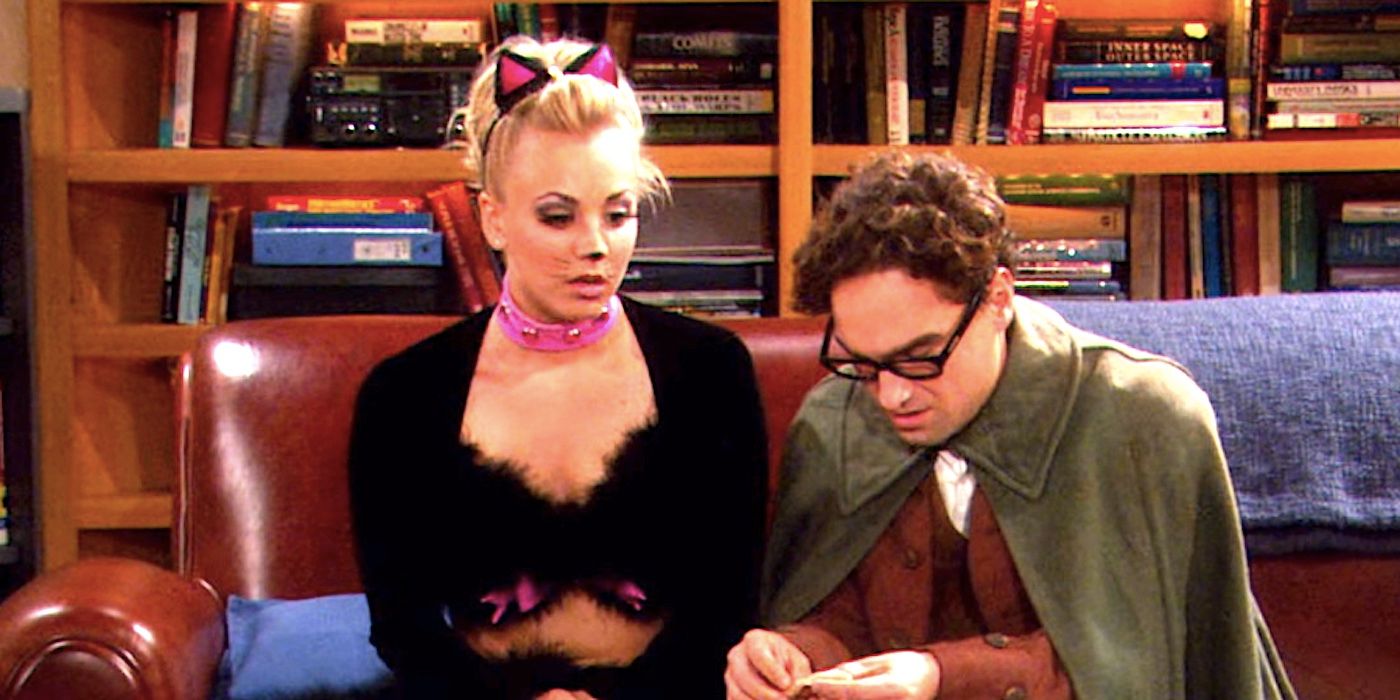 Kaley Cuoco's Penny dressed as a cat and Johnny Galecki's Leonard dressed as a Hobbit in The Big Bang Theory season 1
