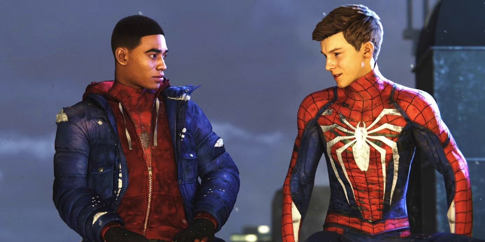 Peter and Miles talking, Peter in mask-less Spider-Man suit. From Marvel's Spider-Man 2 game.