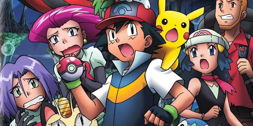 Um pôster de filme de Pokémon com Ash, Equipe Rocket e Dawn.