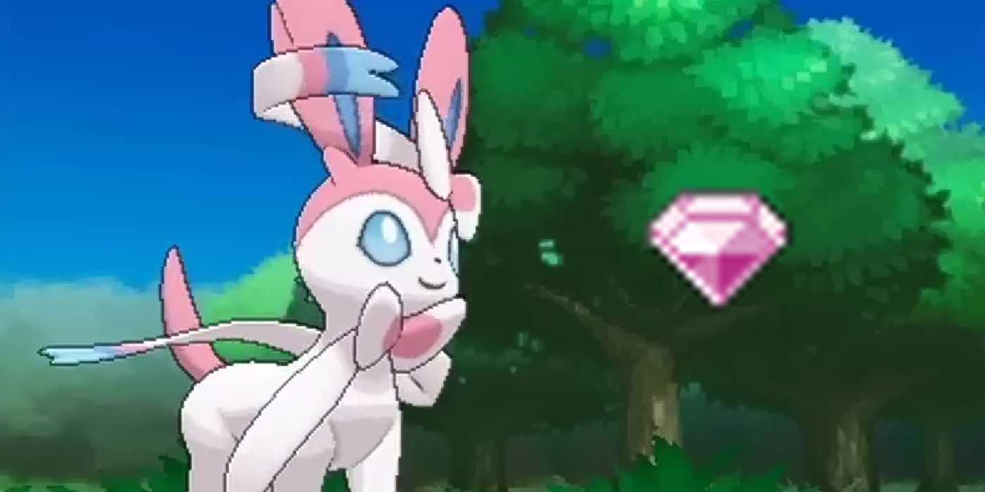 A Sylveon in Pokémon X and Y with the 'Fairy Gem' item sprite.