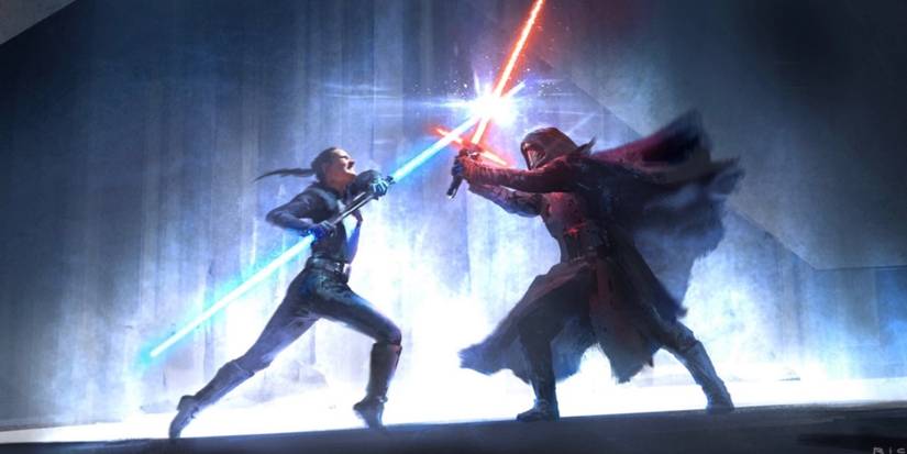 Concept art of Rey vs. Kylo Ren on Mortis in Colin Trevorrow's canceled Star Wars: Episode IX - Duel of the Fates.