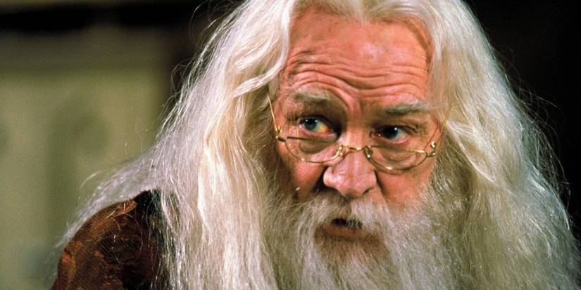 Richard Harris as Albus Dumbledore looking at something off-camera in Harry Potter.