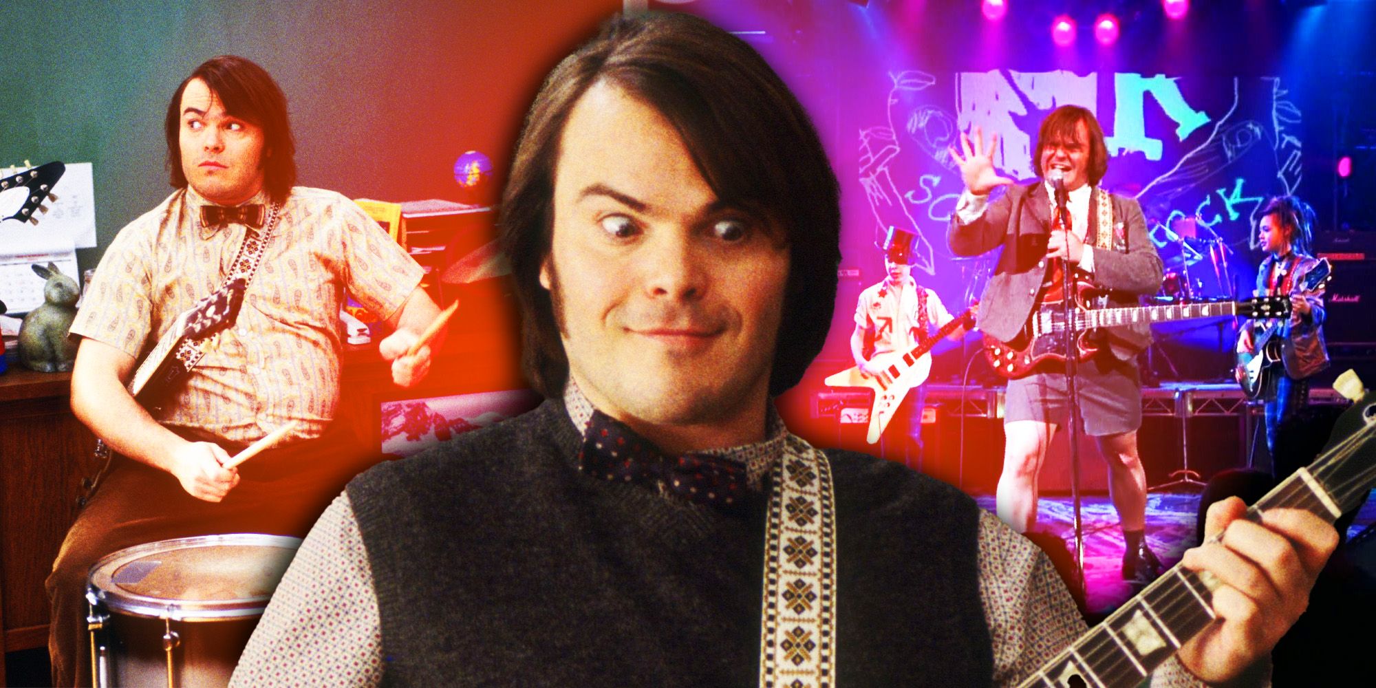 In School of Rock, after being kicked out of his rock band, Dewey Finn (Jack  Black) becomes a substitute teacher of an uptight elementary private  school