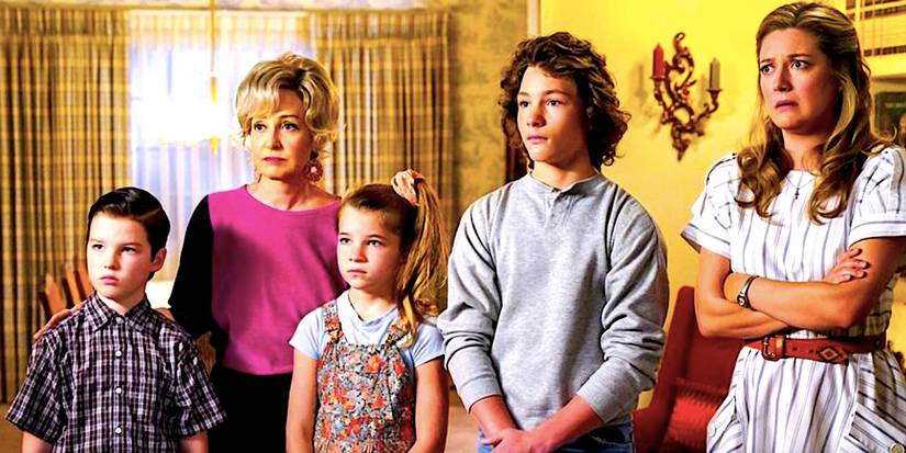 Sheldon, Meemaw, Missy, Georgie, and Mary all stare distraught in Young Sheldon season 1