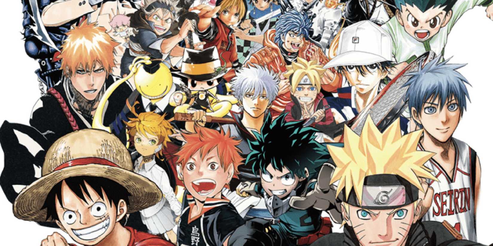 Weekly Shonen Jump collage-style manga artwork featuring lead protagonists from many of the magazines most popular series.