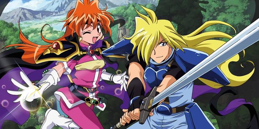 Slayers official visual from the anime adaptation, featuring the two main characters standing side by side wielding a sword and using magic.